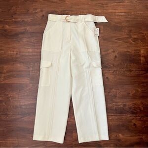 New ZARA Off White Cargo Pants Side Pockets High Rise Straight Leg & Belt Size M